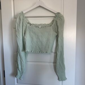 Aerie Light Green Smocked Long Sleeve Top